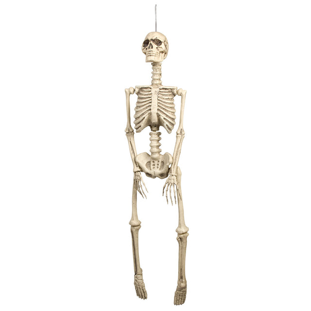 Large hanging skeleton Halloween decoration made of polyethylene, 92 cm tall, ideal for pirate, dungeon, or haunted house themes.