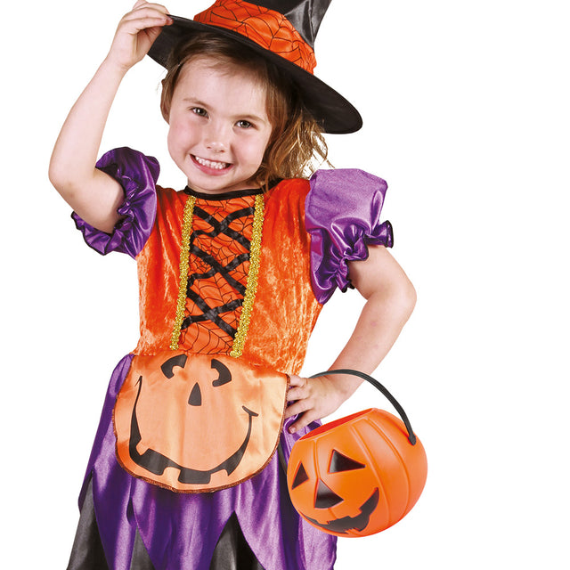 Orange Halloween pumpkin bucket made of polyethylene, ideal for trick-or-treating or Halloween decoration, measuring 14 x 16 cm.