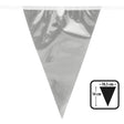 Silver mini flag banner made of oriented polypropylene, featuring 12 metallic pennants each 14 x 10.5 cm on a 3 meter string, perfect for party decorations.