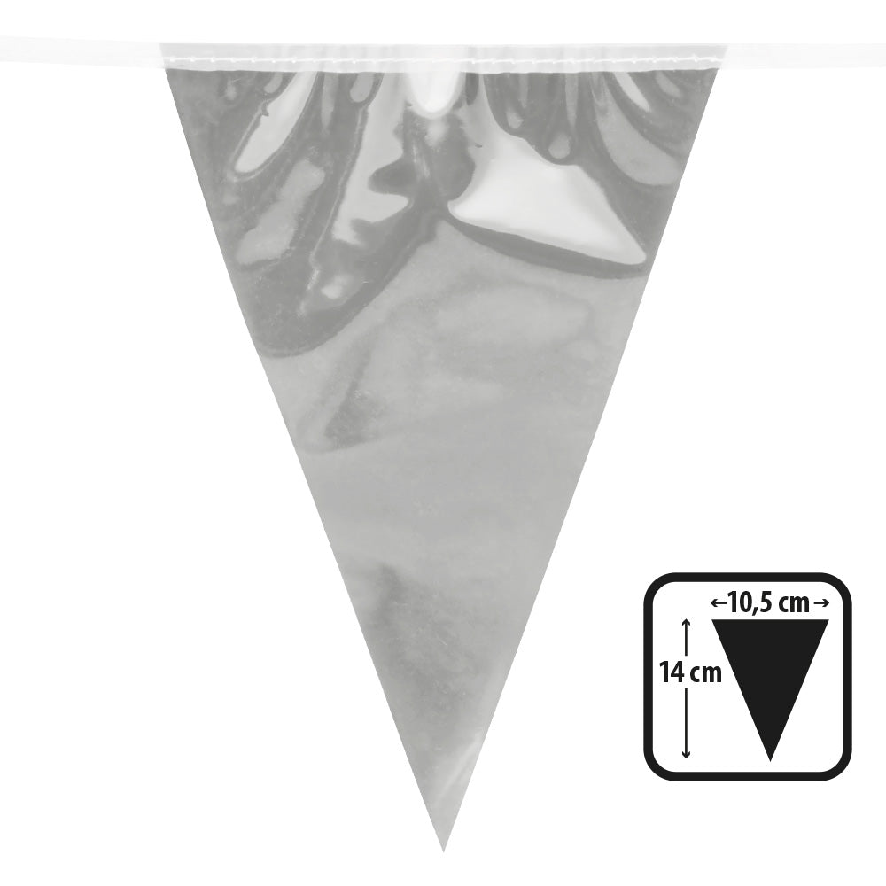 Silver mini flag banner made of oriented polypropylene, featuring 12 metallic pennants each 14 x 10.5 cm on a 3 meter string, perfect for party decorations.