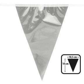 Silver mini flag banner made of oriented polypropylene, featuring 12 metallic pennants each 14 x 10.5 cm on a 3 meter string, perfect for party decorations.
