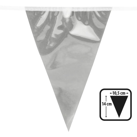 Silver mini flag banner made of oriented polypropylene, featuring 12 metallic pennants each 14 x 10.5 cm on a 3 meter string, perfect for party decorations.