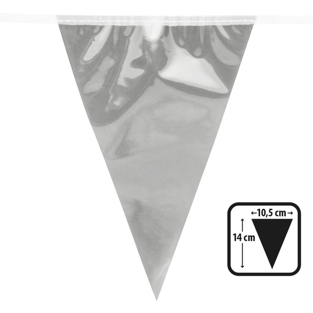 Silver mini flag banner made of oriented polypropylene, featuring 12 metallic pennants each 14 x 10.5 cm on a 3 meter string, perfect for party decorations.