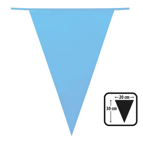 Light blue polyethylene pennant banner with 20 flags measuring 30 x 20 cm each, 10 meters long, ideal for baby showers, parties, and decorative events.