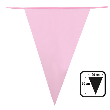 Light pink polyethylene pennant banner with 20 flags measuring 30 x 20 cm each, 10 meters long, ideal for baby showers, parties, and decorative events.