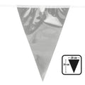 Silver metallic pennant banner, 10 meters long with 20 aluminum-look flags, perfect for New Year celebrations and party decorations.