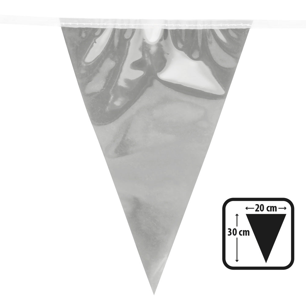 Silver metallic pennant banner, 10 meters long with 20 aluminum-look flags, perfect for New Year celebrations and party decorations.