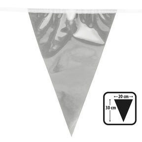 Silver metallic pennant banner, 10 meters long with 20 aluminum-look flags, perfect for New Year celebrations and party decorations.