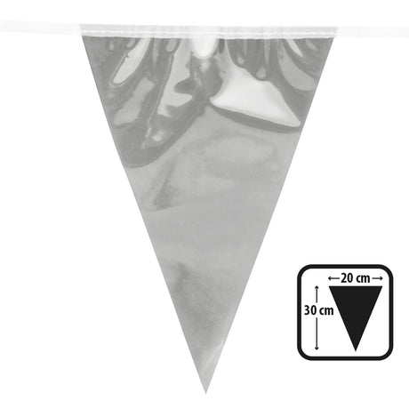 Silver metallic pennant banner, 10 meters long with 20 aluminum-look flags, perfect for New Year celebrations and party decorations.