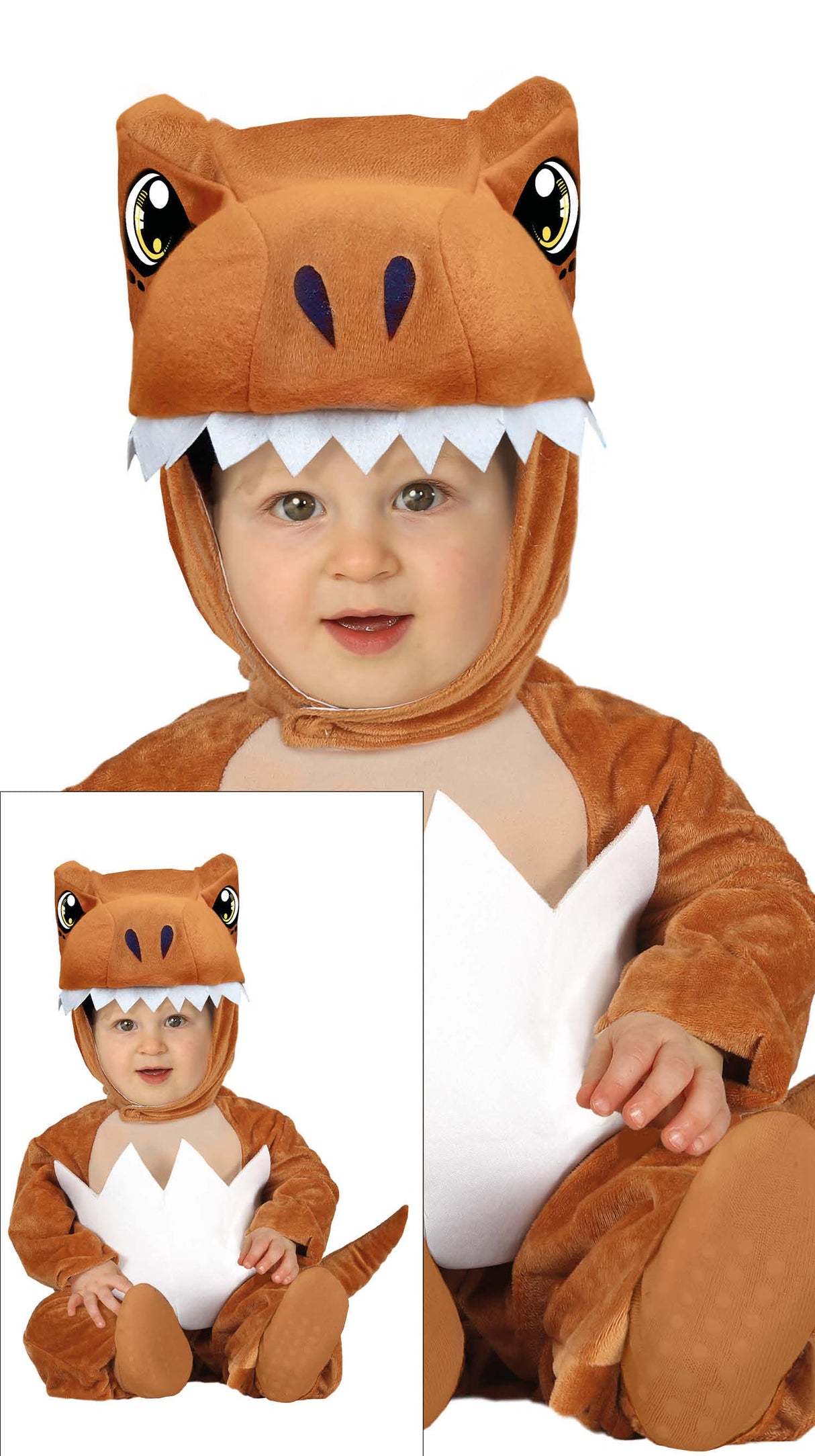 Baby dinosaur costume for 12-18 month olds in brown and white polyester, animal theme, perfect for Halloween.
