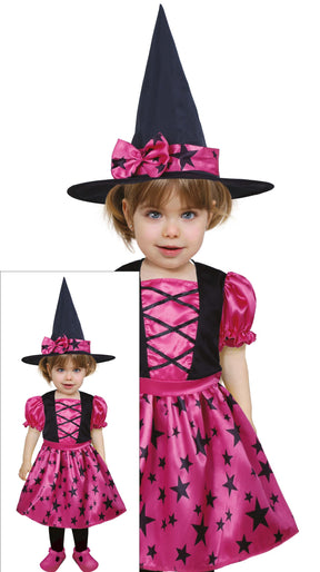 Baby girl Halloween witch costume in pink and black polyester for ages 12 to 18 months.