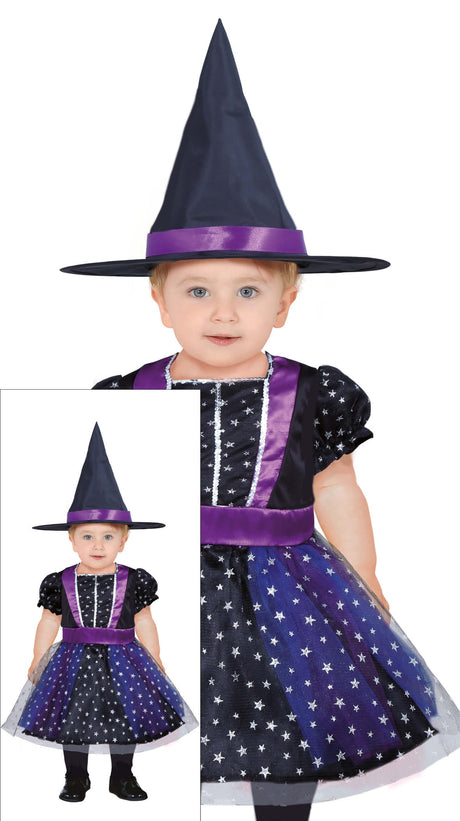 Baby witch Halloween costume in lilac and black polyester for infants aged 12 to 18 months