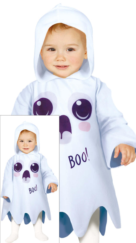 Baby ghost Halloween costume for 18 to 24 months in white polyester, perfect for infants and toddlers.