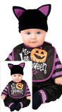 Baby bat Halloween costume in black and lilac polyester for infants aged 18 to 24 months, animal-themed outfit for babies and toddlers.