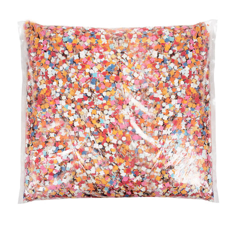 One kilogram multicolor cellulose confetti sachet in poly bag packaging, ideal for adult party decorations and celebrations.