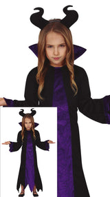 Girls' black and lilac polyester Maleficent fairy costume for ages 7 to 9, perfect for Halloween, fairy tale, and medieval themed events.
