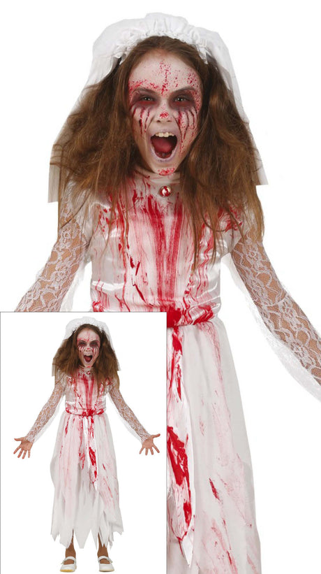 Bloody bride Halloween costume for girls ages 7 to 9, white and red polyester dress, perfect for children's spooky dress-up.