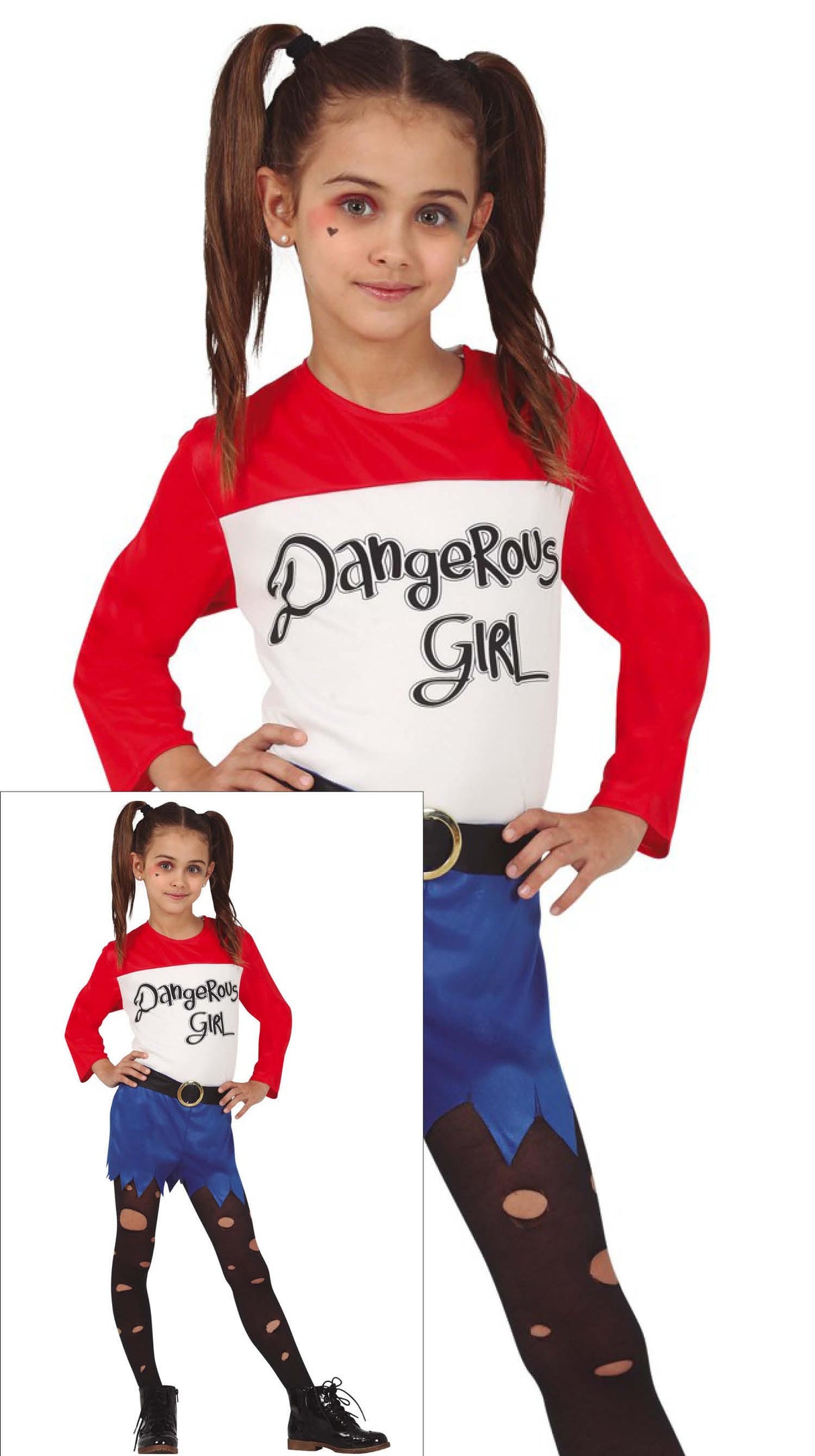 Children's Halloween superhero costume for girls ages 10 to 12, featuring a blue and red polyester outfit inspired by animated characters and Mr. Smile theme.
