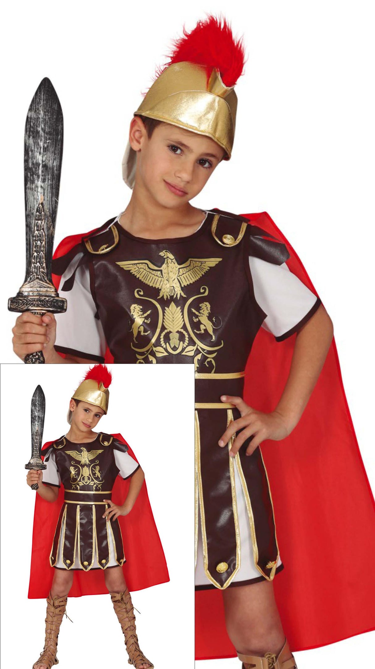 Children’s gladiator costume for ages 7 to 9 in brown and red polyester, Roman and Greek theme, perfect for kids’ dress-up and role play.