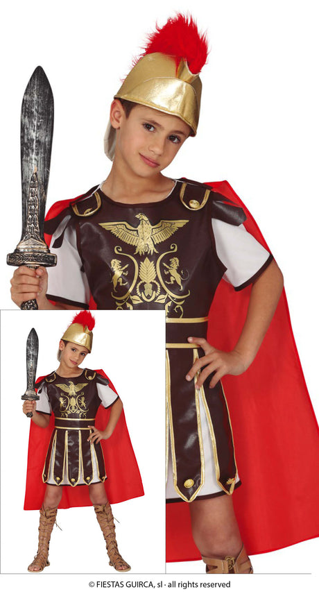 Child gladiator costume for boys ages 10 to 12 in brown and red polyester, Roman and Greek theme, perfect for kids' dress-up and role play.