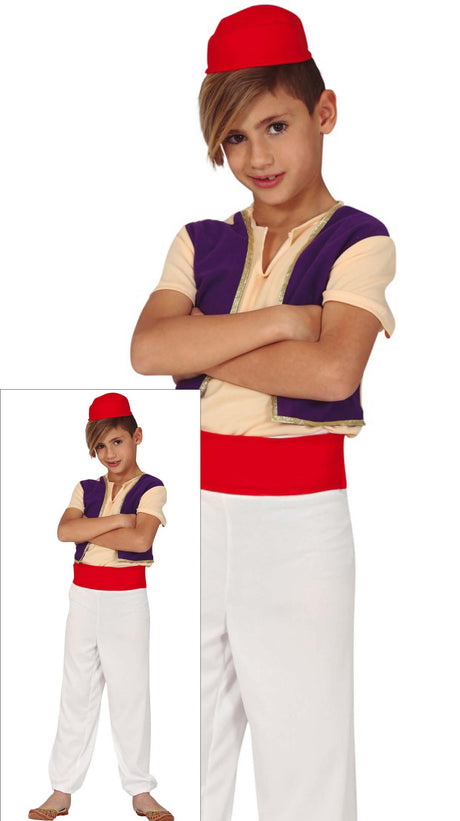 Children's desert prince costume for boys ages 7 to 9, white and multicolored polyester outfit, perfect for dress-up and themed parties.