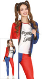 Teen girl superhero Halloween costume in blue and red polyester, size 14-16, inspired by animation and Mr. Smile theme.