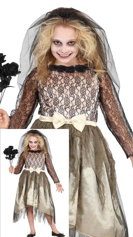 Child ghost bride Halloween costume for girls ages 7 to 9 in white and gray polyester, perfect for spooky dress-up and themed parties.