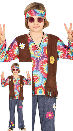 Colorful hippie costume for boys aged 5 to 6, made of polyester, ideal for 60s themed parties and dress-up events.