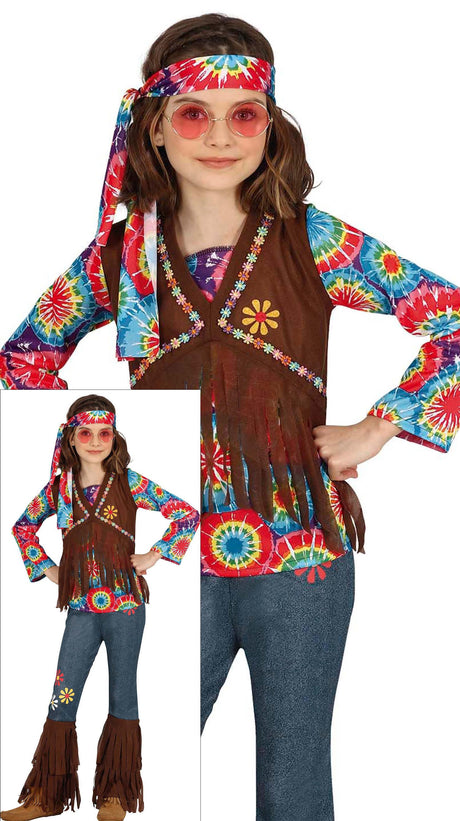 Colorful hippie costume for girls aged 5 to 6, made of polyester, ideal for 60s themed parties and dress-up events.