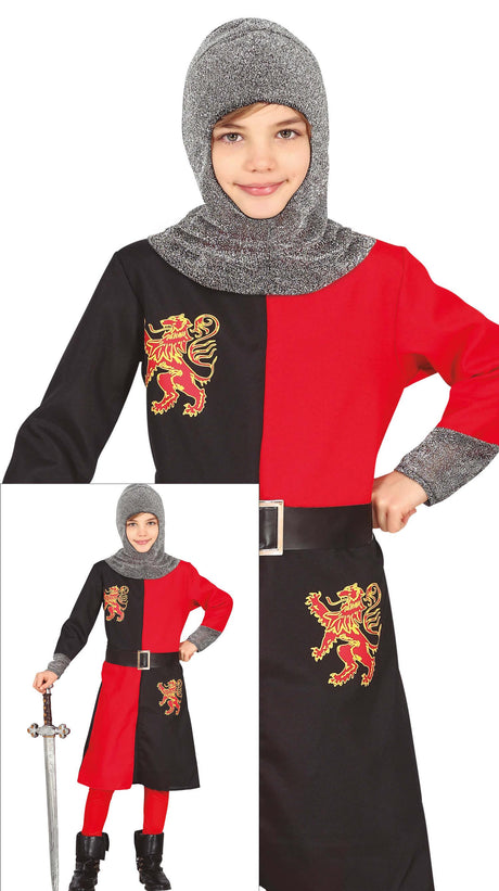 Child medieval knight costume in red and black polyester for boys ages 7 to 9, perfect for dress-up and themed parties.