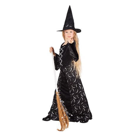 Girls Midnight Witch costume for children ages 4 to 6, Halloween witch outfit made of 100% polyester, perfect for kids' Halloween parties.