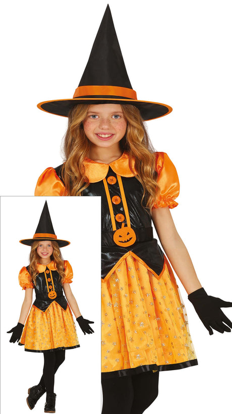 Child glitter witch costume for Halloween, black and orange polyester dress for girls ages 7 to 9.