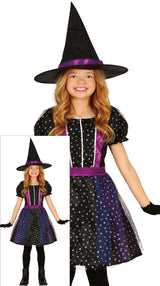 Child witch costume for girls ages 5 to 6 in black and lilac polyester, perfect for Halloween dress-up.