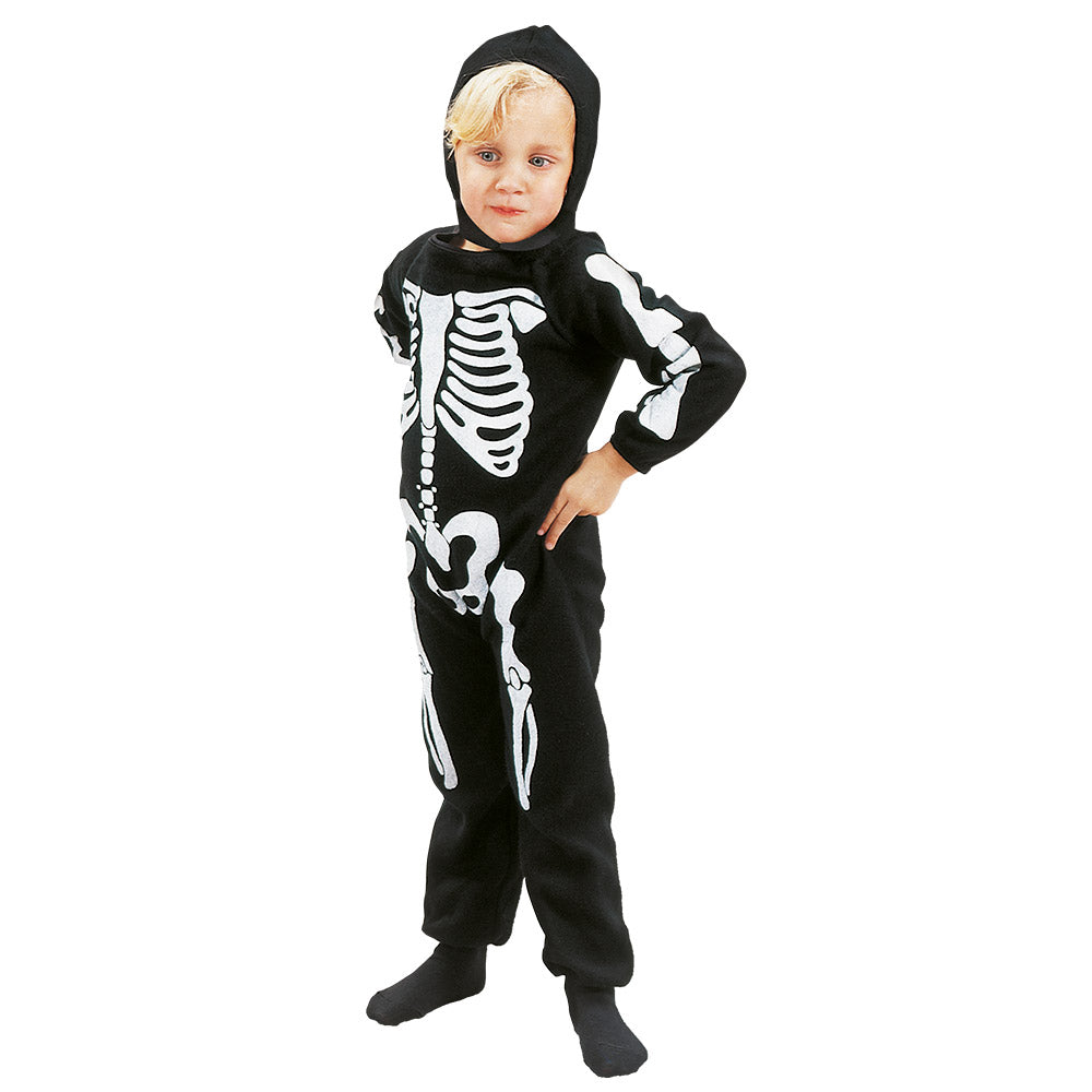 Children's Bony Scamp skeleton costume for boys aged 3-4 years, 100% polyester, perfect for Halloween parties and spooky dress-up events.