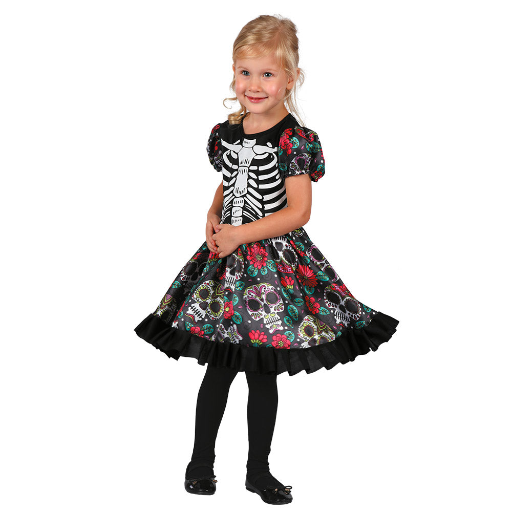 Girls' Day of the Dead Halloween costume for children ages 3 to 4, featuring a skull design and made from 100% polyester.