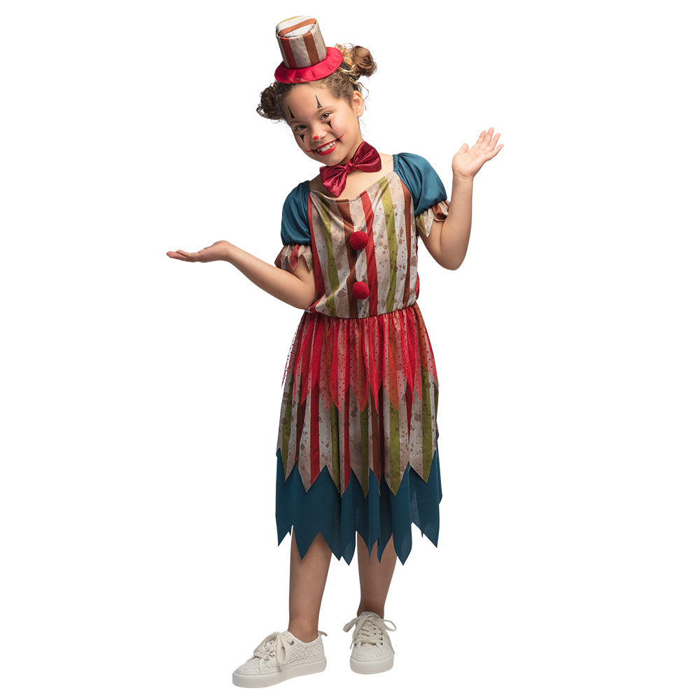 Girls evil clown costume for children ages 7 to 9, Halloween horror outfit made of 100% polyester, perfect for spooky dress-up parties.