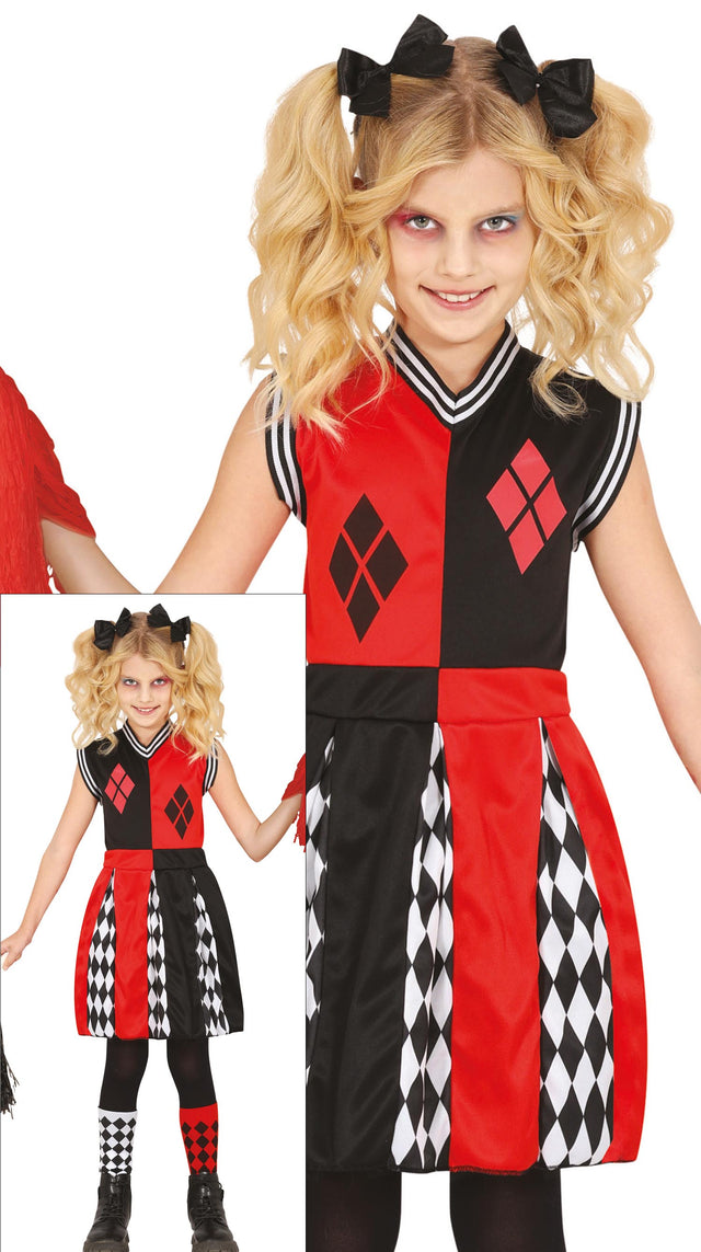 Red and black dangerous cheerleader costume for girls ages 10 to 12, polyester Halloween outfit featuring superhero and animation theme.