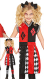 Red and black dangerous cheerleader costume for girls ages 10 to 12, polyester Halloween outfit featuring superhero and animation theme.