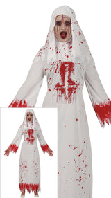Bloody nun costume for adult women in white and red polyester, perfect for Halloween parties.
