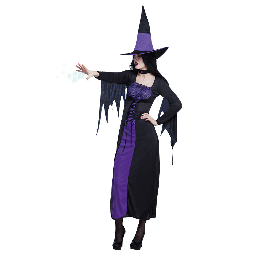 Adult women's purple witch costume size 40/42 made of 100% polyester, perfect for Halloween parties and witch-themed events.