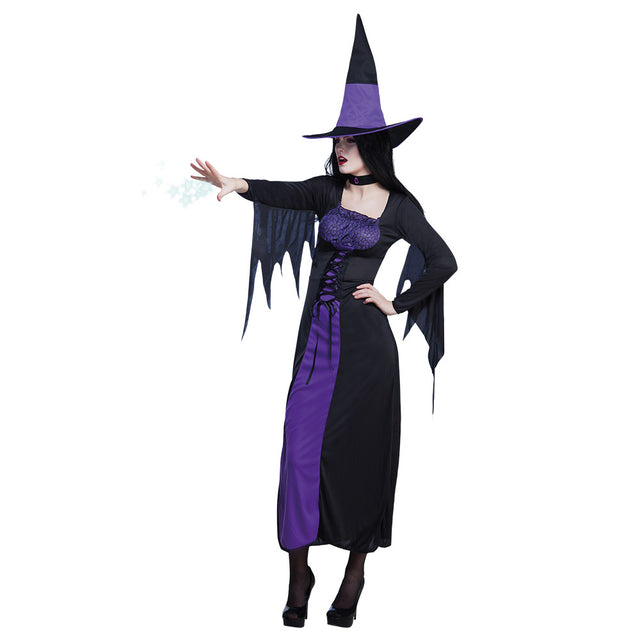 Adult women's purple witch costume size 40/42 made of 100% polyester, perfect for Halloween parties and witch-themed events.