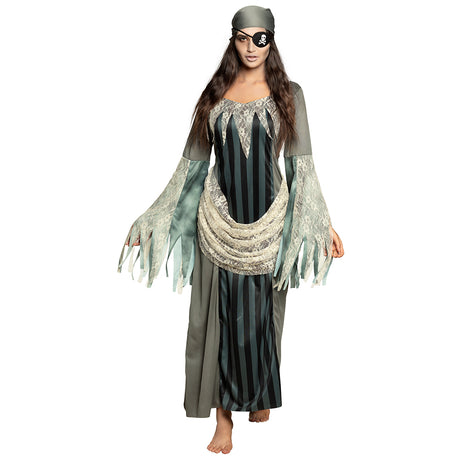 Adult women's Ghost Pirate Murky costume in size 36/38, Halloween pirate outfit made of 100% polyester, displayed on hanger.