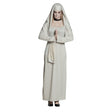 Adult women's ghost nun costume in size 36/38, perfect for Halloween, made from 100% polyester, displayed on a hanger in a garment bag.