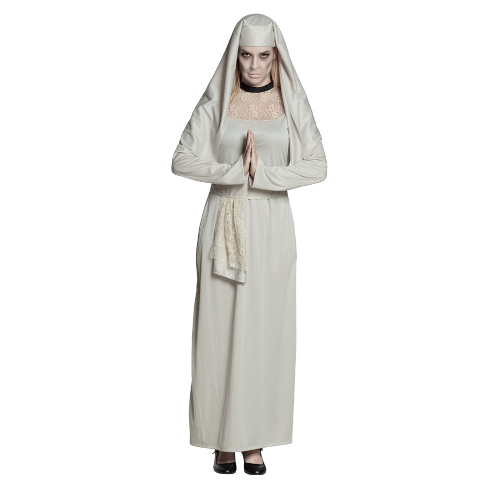 Adult women's ghost nun costume in size 36/38, perfect for Halloween, made from 100% polyester, displayed on a hanger in a garment bag.