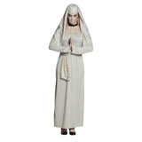 Adult women's ghost nun costume in size 36/38, perfect for Halloween, made from 100% polyester, displayed on a hanger in a garment bag.
