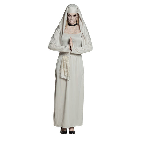 Adult women's ghost nun costume in size 36/38, perfect for Halloween, made from 100% polyester, displayed on a hanger in a garment bag.