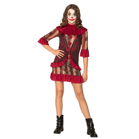 Teen girl midnight clown costume for Halloween, horror-themed outfit in size 14-16, 100% polyester, perfect for adults seeking a spooky clown look.