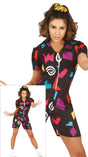 Adult women's telepathic girl costume inspired by 80s cinema, featuring a multicolored polyester dress in black, perfect for Halloween.