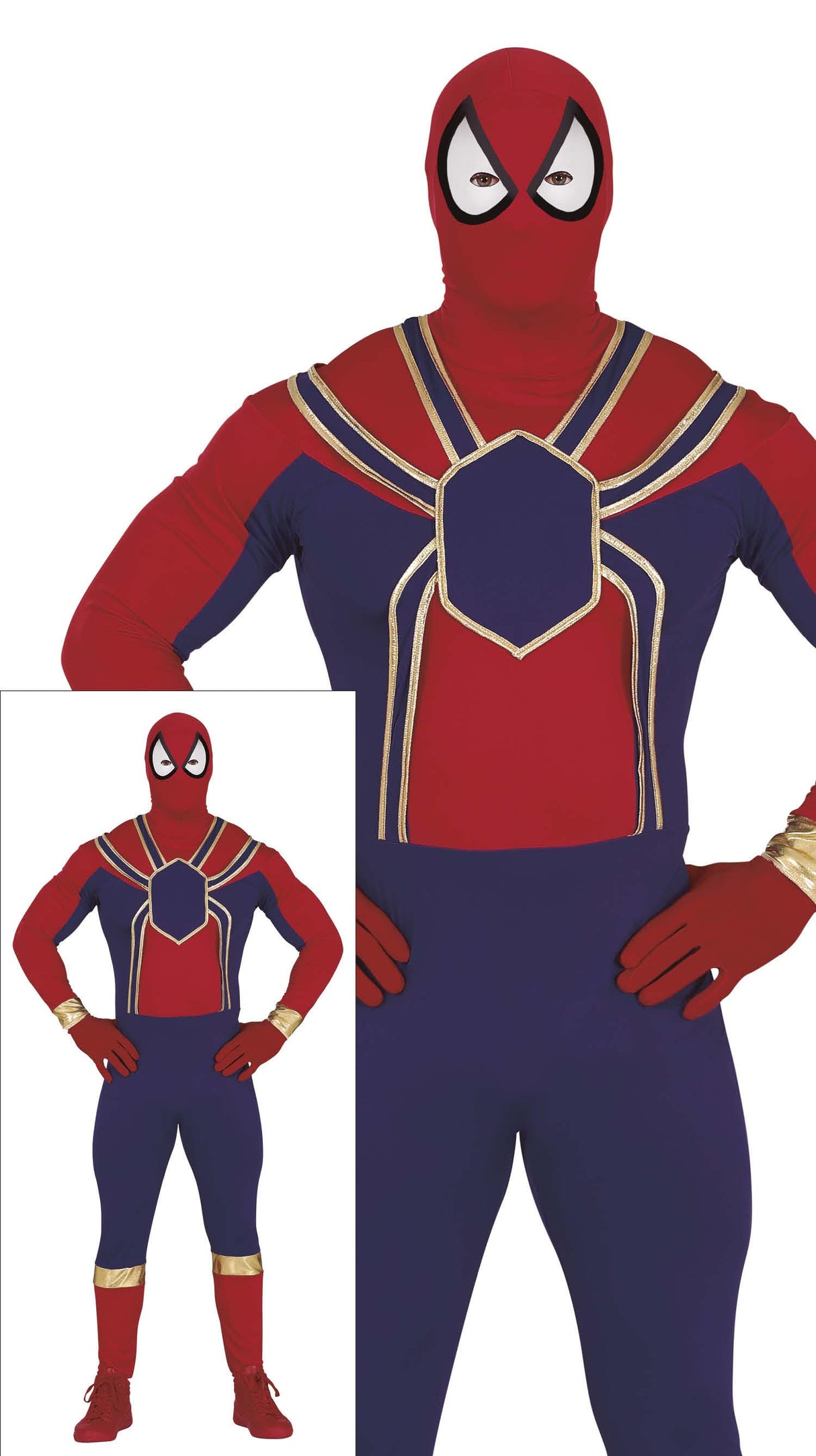 Adult men's Spider Hero costume in red and blue polyester, superhero themed, size medium 48-50.