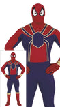 Adult men's Spider Hero costume in red and blue polyester, superhero themed, size medium 48-50.